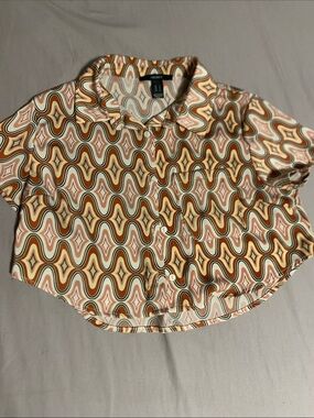 Forever 21 Retro Geo Print Short Sleeve Button-Up Top - Multi Brown